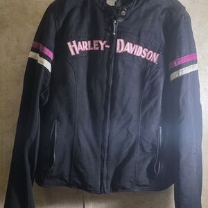 Harley-Davidson Women's Black Leather Jacket with Pink and White Stripes